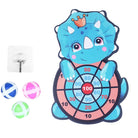 Children's dartboard with dinosaur design and three darts on a white background